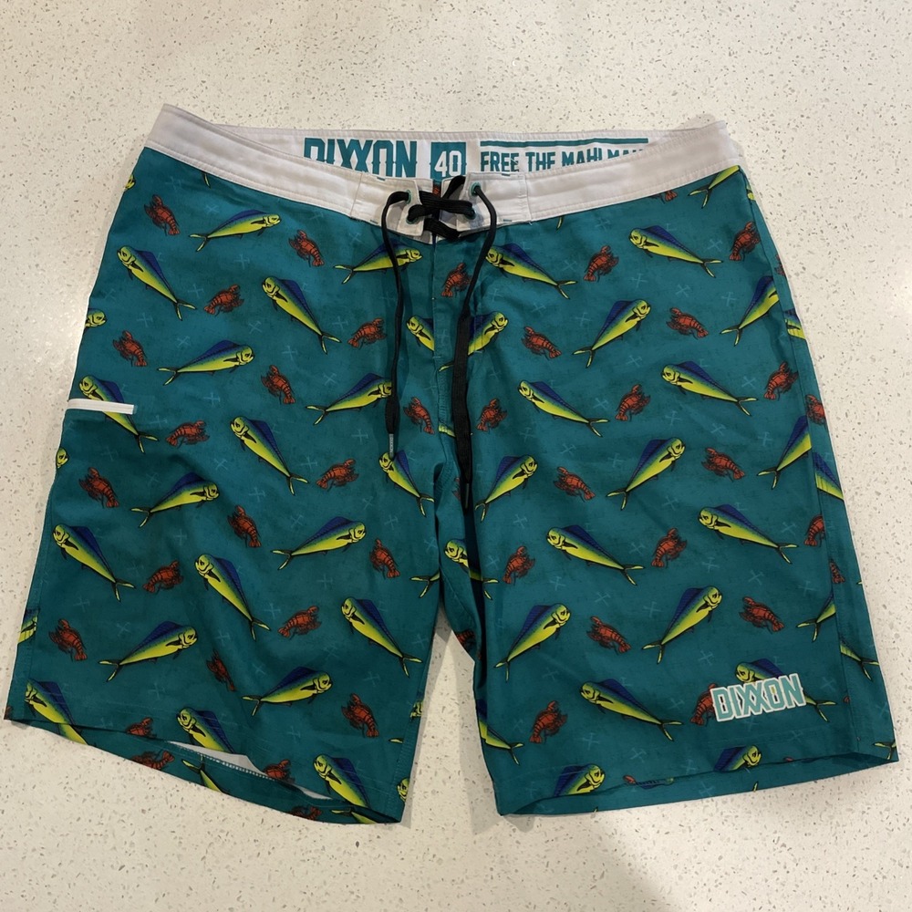 DIXXON Board Shorts Mens 40 "Free The Mahi Mahi" Green Swim Trunks Fishing Hike